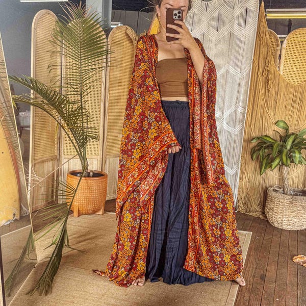 Hippie Boho Maxi Silk Elegant Kimono, Bell Sleeve Bohemian Maxi Cardigan, Long Pocket Duster Outfit Topper