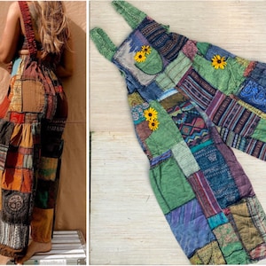 Hippie Patchwork Wide Leg Cotton Overalls Unisex, Festival Jumper Woodstock Dungarees XS-3X PLUS Bohemian Spell Aesthetic