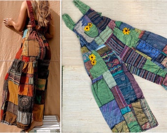 Hippie Patchwork Wide Leg Cotton Overalls Unisex, Festival Jumper Woodstock Dungarees XS-3X PLUS Bohemian Spell Aesthetic