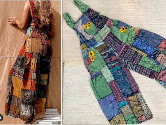 Hippie Patchwork Wide Leg Cotton Overalls Unisex Festival Jumper