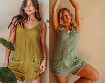 Biologische katoenen bamboe boho shortalls, boho hippiestijl gezellige oversized shortalls Beachy vrije geest stijl jumper shorts jumpsuit XS-3X