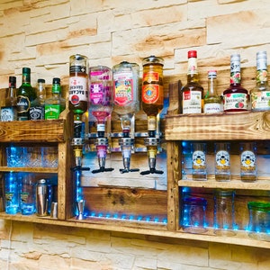 Wijnrek, bar, pallets, XXL rustieke wandbar 3 in 1, cocktailbar, whiskyrek, drankbar, vintage, LED-verlichting, flessenhouder, wandbar