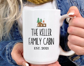 Personalized Cabin Mug, Family Cabin Est., Cabin Coffee Cup, Lake House Decor, Mountain Mug, New Cabin Christmas Gift