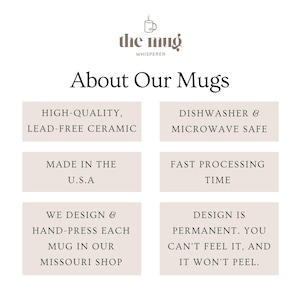 Op de afbeelding: Een afbeelding met de tekst "About Our Mugs" en details over de mokken, waaronder hoogwaardige, loodvrije keramiek, vaatwasser- en magnetronbestendig, gemaakt in de VS, snelle verwerkingstijd, met de hand geperst in Missouri en permanent ontwerp.