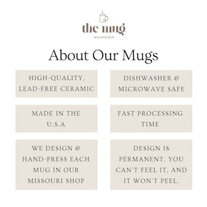 May include: A graphic with the text "the mug whisperer" and the words "About Our Mugs" in a larger font.  The graphic lists the features of the mugs: high-quality, lead-free ceramic, dishwasher and microwave safe, made in the U.S.A., fast processing time, we design and hand-press each mug in our Missouri shop, and design is permanent. You can't feel it, and it won't peel.