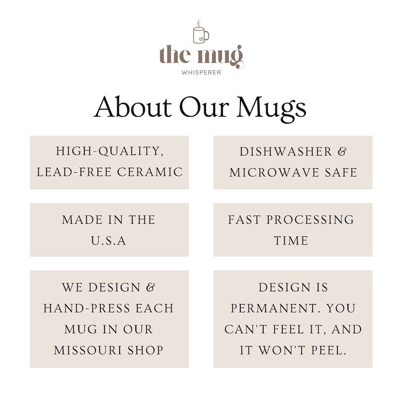 May include: A graphic with the text "the mug whisperer" and the words "About Our Mugs" in a larger font.  The graphic lists the features of the mugs: high-quality, lead-free ceramic, dishwasher and microwave safe, made in the U.S.A., fast processing time, we design and hand-press each mug in our Missouri shop, and design is permanent. You can't feel it, and it won't peel.