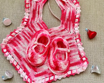 Knitted baby bib & knitted matching shoes