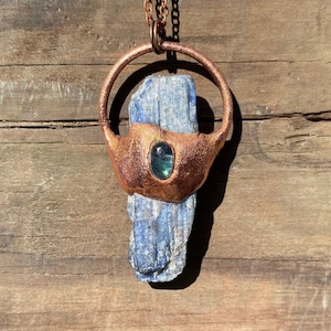 Handmade copper electroformed kyanite with aura quartz pendant necklace