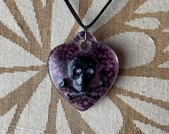 Handmade glass skull and crossbones heart Necklace, Valentine’s Day