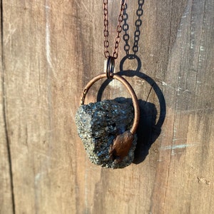 Handmade copper electroformed pyrite chunk pendant necklace