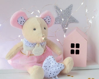 Roze tand fairy muis plushie, muis pluche, zacht speelgoed, baby douche cadeau, pasgeboren knuffeldier, Mickey Mouse lovey