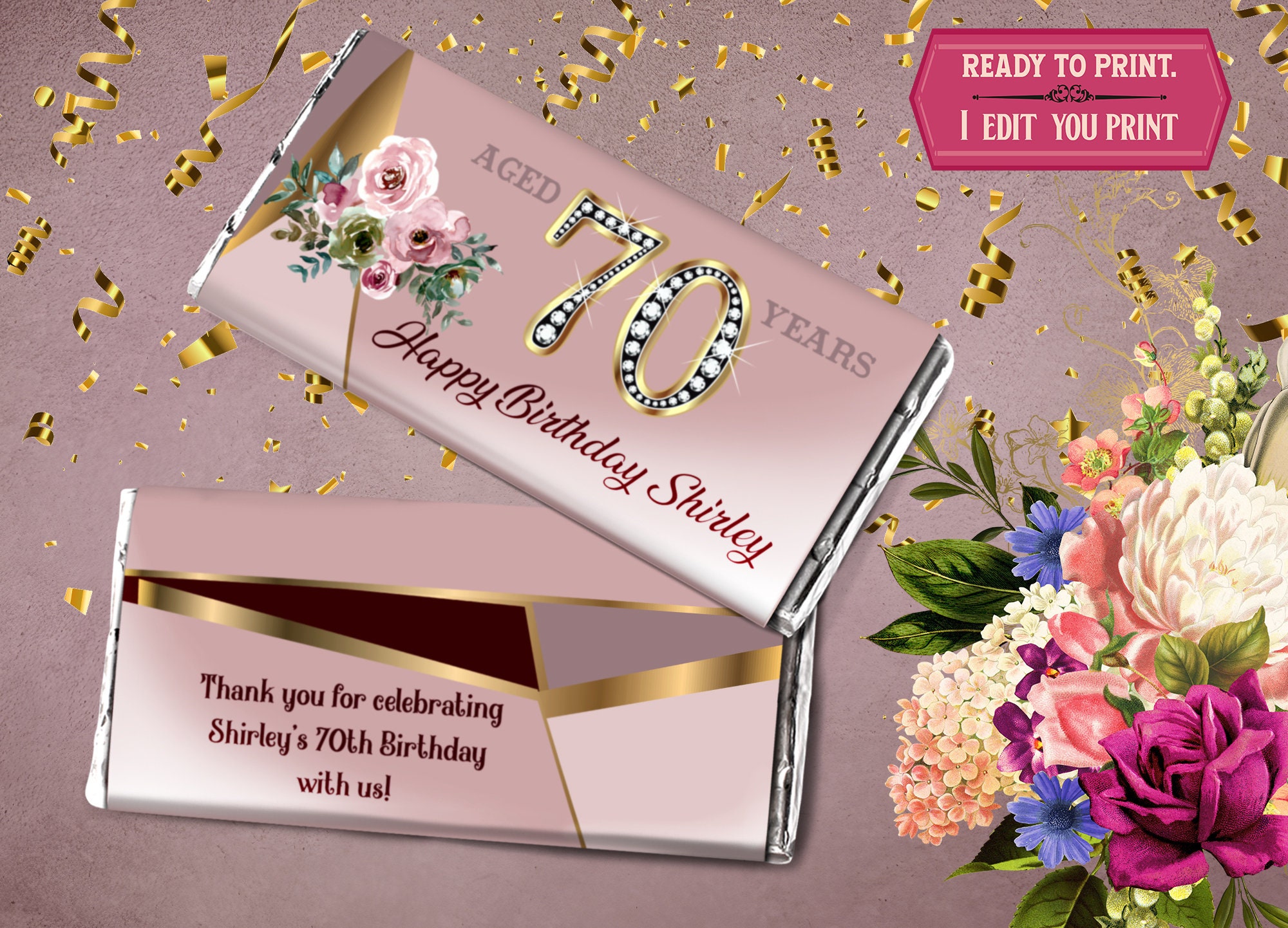 Personalized 70th birthday candy bar wrappers printable | Etsy