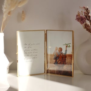 Calligraphie personnalisée Double cadre photo, lettre d'amour, poésie, cadre pliant en laiton, anniversaire de fiançailles, cadeau d'anniversaire de mariage, 10 x 15 cm