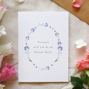 Custom Name Will You Be My Flower Girl Proposal Card Personalized Forget-Me-Not Wreath Flower Design Pastel Floating Mixed Flower Pressed