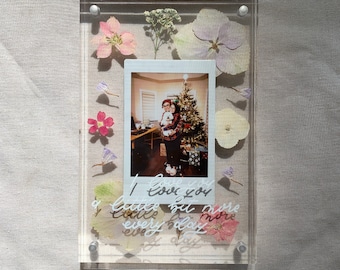 Pressed Flowers Polaroid Acrylic Frame | Custom Lettering | Polaroid Photo Display| Instax Birthday gift| Engagement gift | Anniversary gift