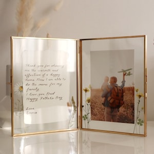 Marco de fotos flotante con flores prensadas dobles y caligrafía personalizada, carta de amor, compromiso, aniversario, propuesta, regalo de boda