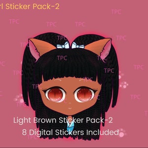Puede incluir: Paquete de pegatinas digitales con una niña de dibujos animados de piel morena, cabello negro y orejas de gato. La niña lleva un lazo azul y blanco. El texto "Light Brown Sticker Pack-2" y "8 Digital Stickers Included" es visible.