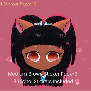 Puede incluir: Paquete de pegatinas digitales con una niña de dibujos animados de piel morena, cabello negro, ojos rojos y orejas de gato. El texto "Manga Girl Sticker Pack-2" y "Medium Brown Sticker Pack-2" es visible. El texto "8 Digital Stickers Included" también es visible.