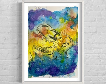 T-Rex Skull - Watercolor Print, Dinosaur Art, Dinosaur Gifts, T-Rex Print, T-Rex Art, Tyrannosaurus Art, Rainbow Art, Tyrannosaurus Skull