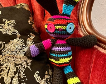 Neon Rainbow Rabbit - Crochet Rabbit Doll, Creepy Doll, Goth Crochet, Voodoo Doll, Creepy Cute, Goth Doll, Vintage Doll
