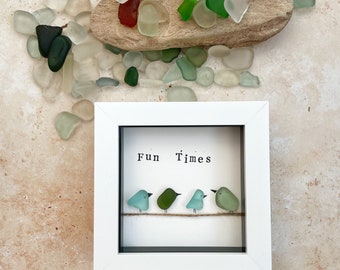 Sea glass wall art "Fun Times", handmade seaglass 3D picture, 3rd wedding anniversary present, seaglass birds, friends