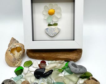 Sea Glass Daisy Art: 3D Framed Flower Picture, Northumberland Beach Craft