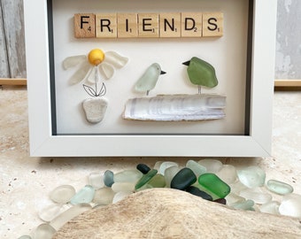 Sea glass wall art "Best Friends", handmade seaglass 3D picture, mates, BFF, coastal, seaglass birds, Northumberland, present for