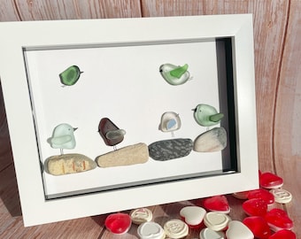 Seaglass Birds Framed Art: Beach Pebble Birds, Northumberland Coast