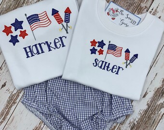 Kids 4th of July Flag, Stars and Fireworks T-shirt