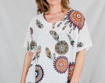 vintage 80s white pattern hippie shirt size L 80er Jahre Retro Shirt Hippie weiß Muster