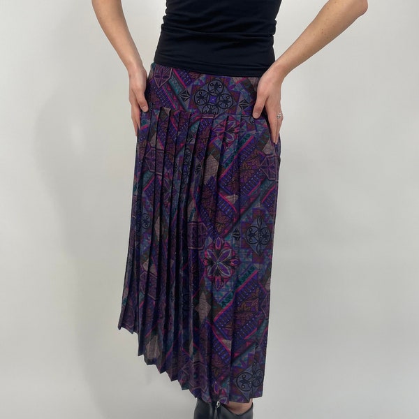 vintage 80s purple pattern plissee midiskirt size M-L 80er Jahre Retro Rock lila Muster Falten Größe 42