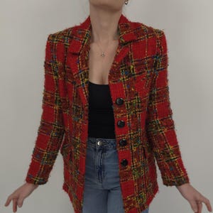 vintage 80s Helena Stern blazer czerwony boucle kolorowy rozmiar M 80s retro blazer czerwony kolorowy boucle kratka wzór kratka