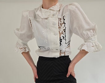 vintage 80s white lace linen blouse size M 80er Jahre Retro Bluse weiß Spitze Leinen Größe 42