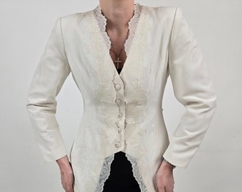 vintage années 80 blanc antique dentelle brodé blazer taille S 80s rétro blazer blanc brodé dentelle antique