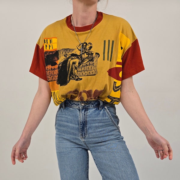 vintage 90s yellow colorful print shirt size L 90s Retro T-Shirt Print Colorful