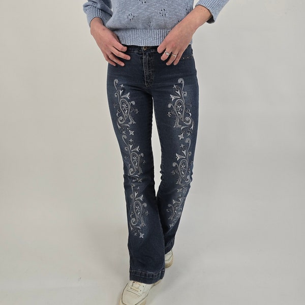 vintage 90s y2k blue pattern glitter jeans size XS-S 90er Jahre Retro Schlaghose blau bestickt Glitzer