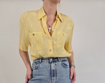 vintage 80s yellow floral blouse size M-L 80er Jahre Retro Bluse gelb Blumen