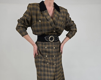 vintage 80s brown black checked dress size L 80er Jahre Retro Kleid braun schwarz kariert Größe 46