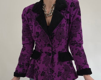 vintage années 80 violet noir velours floral blazer taille M 80s rétro blazer violet noir velours floral