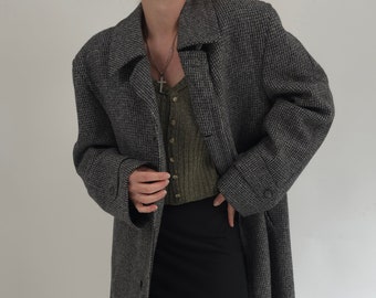 Abrigo vintage 80s lana cuadros gris talla L