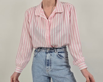 vintage 80s shiny white rose stripes blouse size M 80er Jahre Retro Bluse weiß rosa Streifen glänzend Größe 40