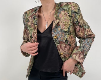 vintage 80s romantic floral tapestry blazer size M 80s retro blazer tapestry flowers