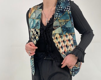 vintage 80s black blue beige abstract pattern vest size L 80er Jahre Retro Weste schwarz blau beige Muster