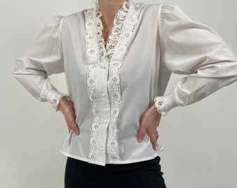 vintage 80s white lace blouse size S-M 80er Jahre Retro Bluse weiß Spitze