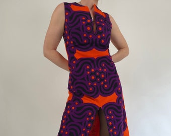 vintage 70 long colorful orange purple pattern dress size S 70er Jahre Retro Kleid lang orange lila Muster bunt Größe 38