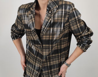 vintage 80s thin black golden checked blazer size L 80er Jahre Retro Blazer glänzend schwarz gold kariert Größe 44