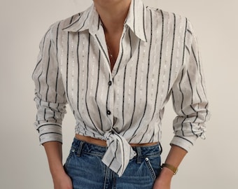 vintage 80s white stripes shiny blouse shirt size M 80er Jahre Retro Hemd Bluse weiß glänzend gestreift Größe 42