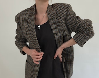 vintage 80s grey red checked blazer size L 80er Jahre Retro  Herren Sakko Wolle grau rot kariert