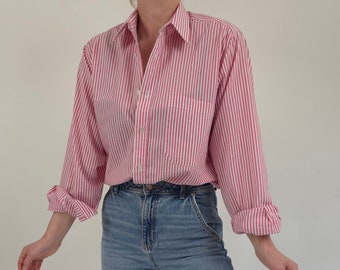 vintage jaren 90 wit roze strepen shirt maat L jaren 90 retro shirt wit roze strepen