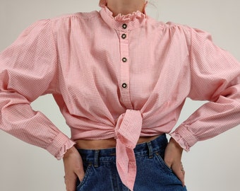 vintage 80s rose white checked bavarian trachten blouse size M 80s retro blouse trachten fashion pink and white checked